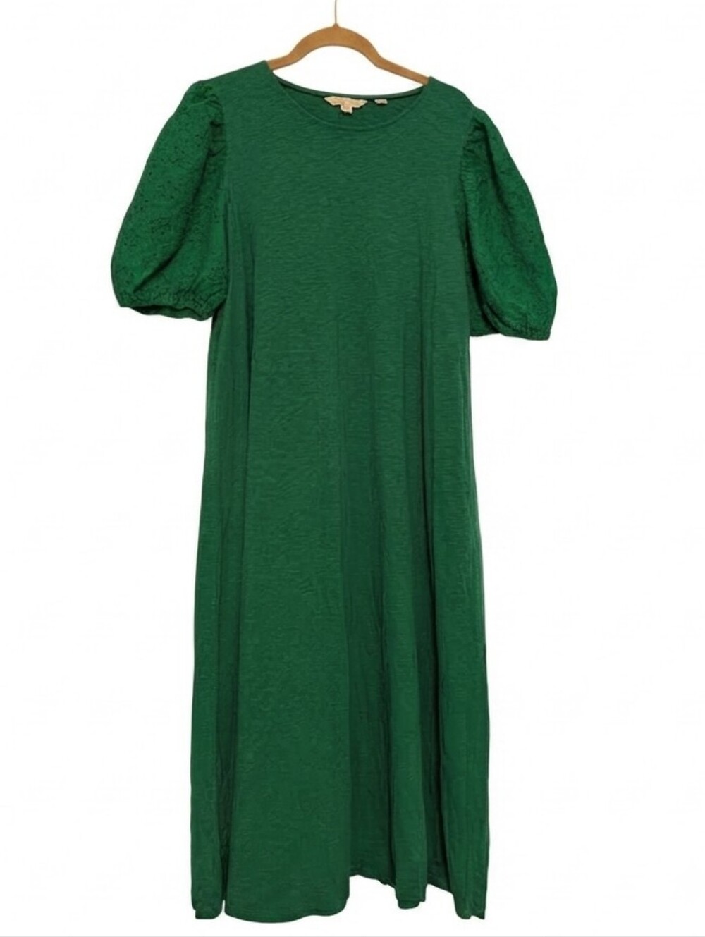 Boden Green Midi Dress Women's UK 20R US 16/18R Puff Eyelet Lace Sleeves Cotton